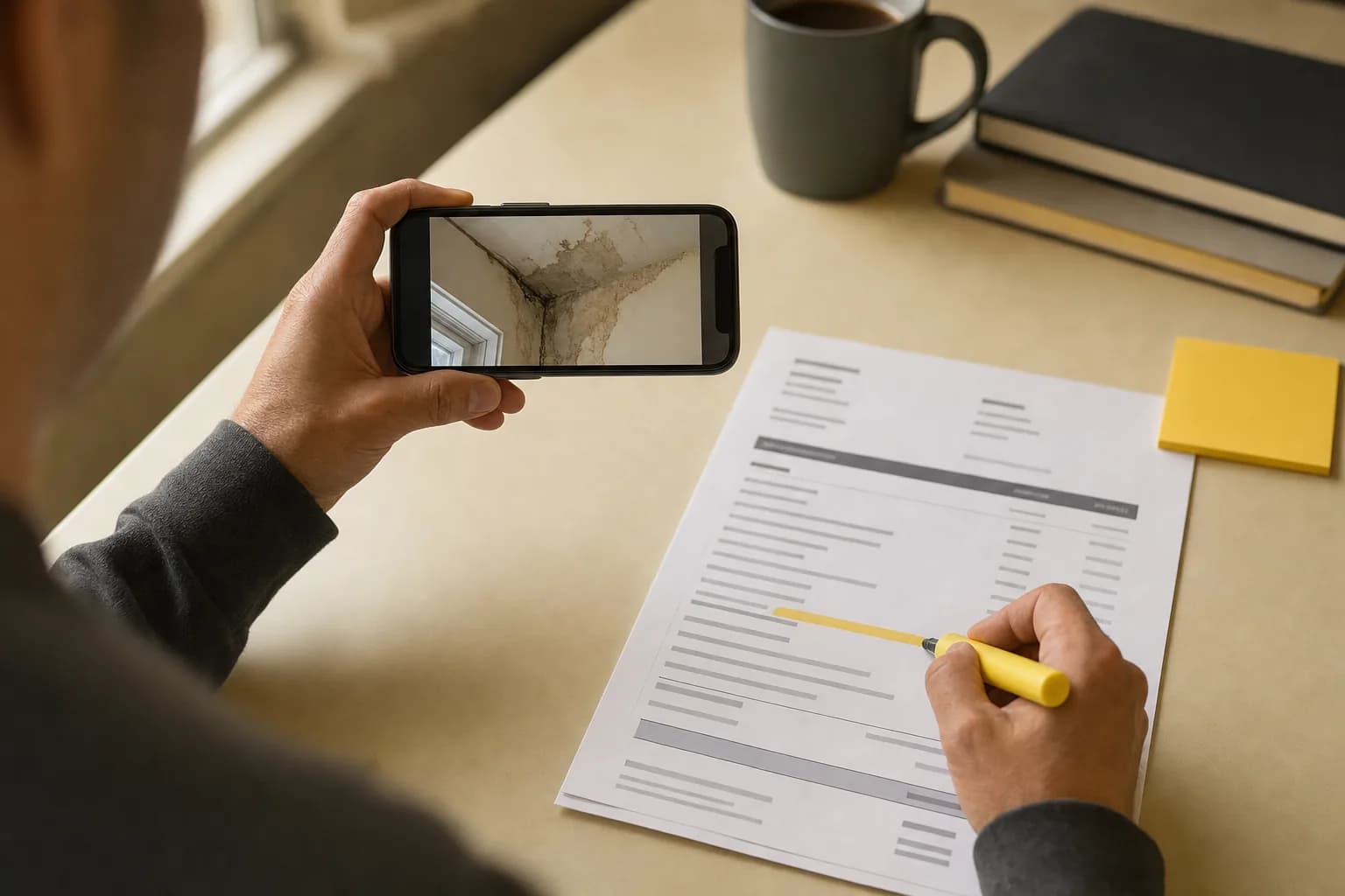 A property-damage photograph clipped to a repair estimate in a claims file, with a flagged line.
