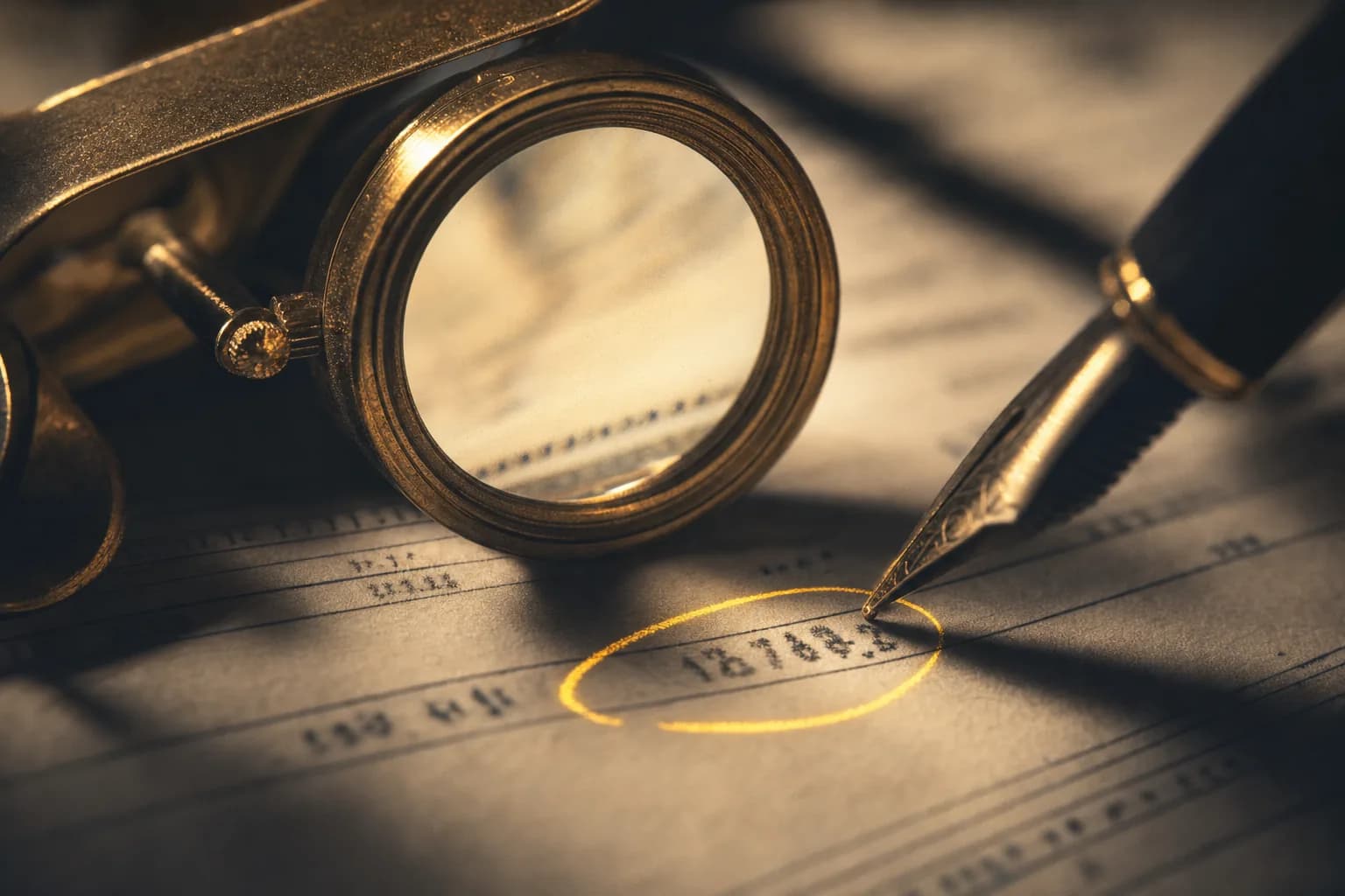 A magnifying loupe and fountain pen over a financial statement, one figure circled in gold ink during fraud review.
