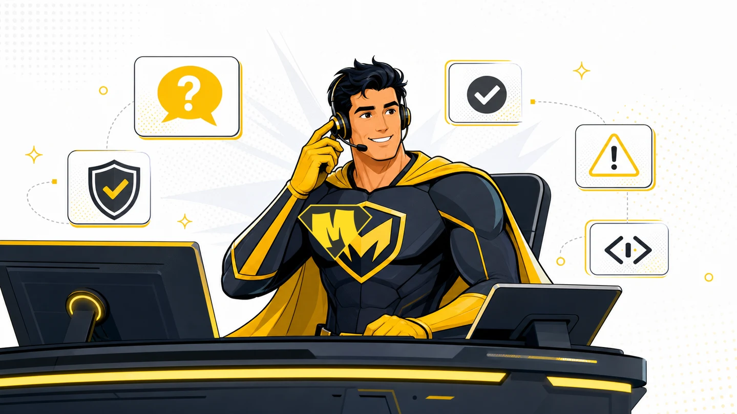 Mighty superhero support operator explaining that Mighty routes prompt injection, data exfiltration, hidden document risk, unsafe model output, and suspicious AI-generated evidence