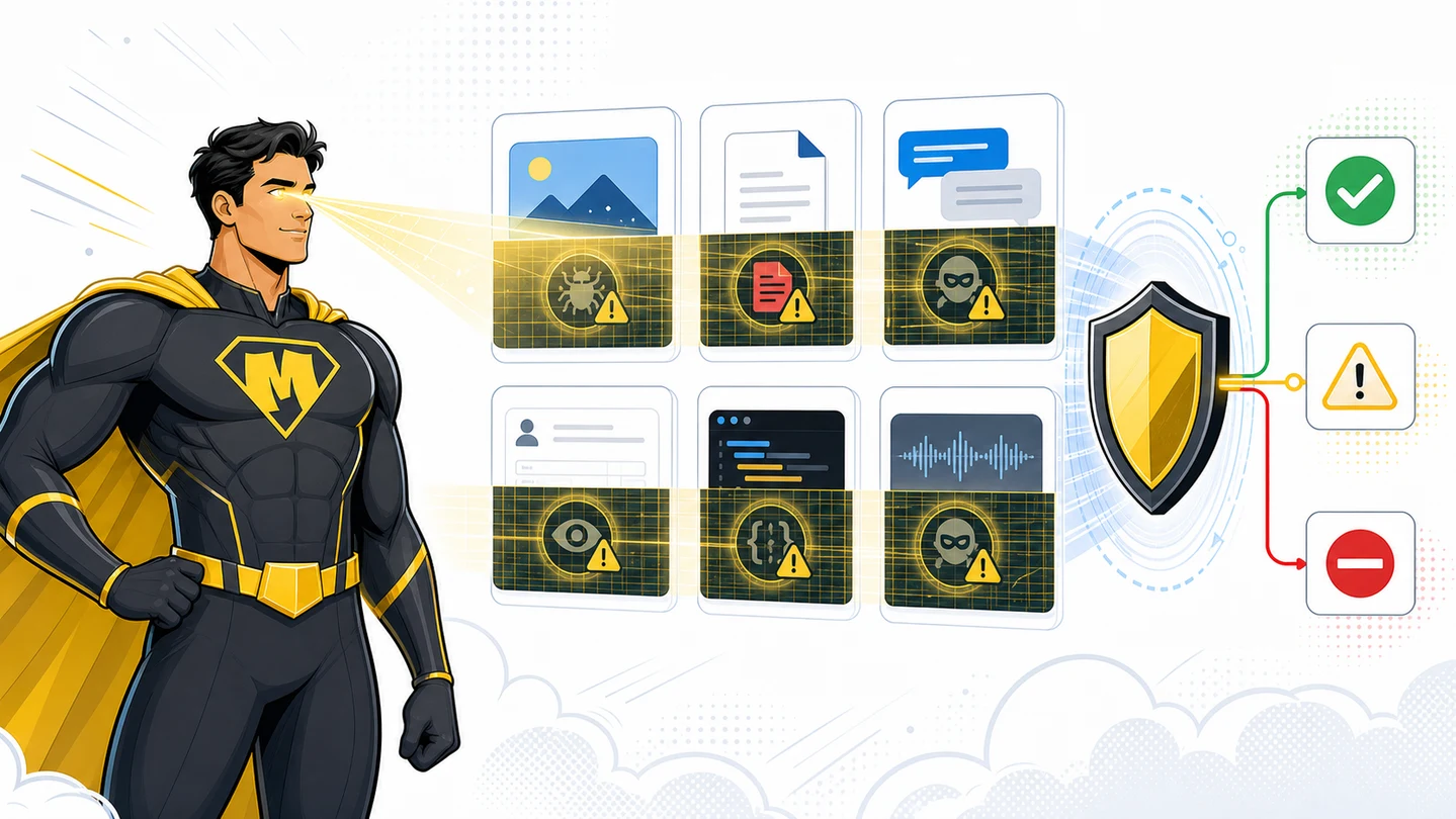 Mighty superhero using scan vision across image, PDF, chat, OCR, code, and audio inputs before routing allow warn or block