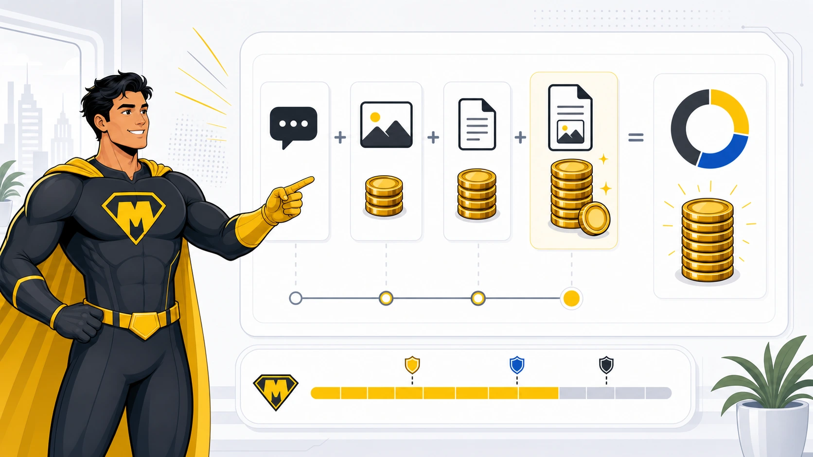 Mighty superhero explaining SCU usage where text has the smallest cost, image and PDF work cost more, and PDF pages with embedded images create the largest combined usage