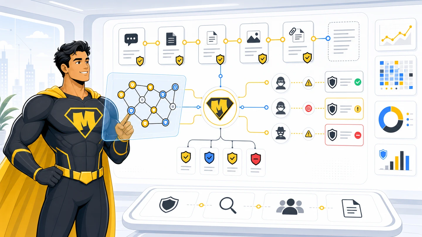 Mighty superhero reviewing a bright session map that connects scan groups across prompts, files, OCR output, AI summaries, and review decisions